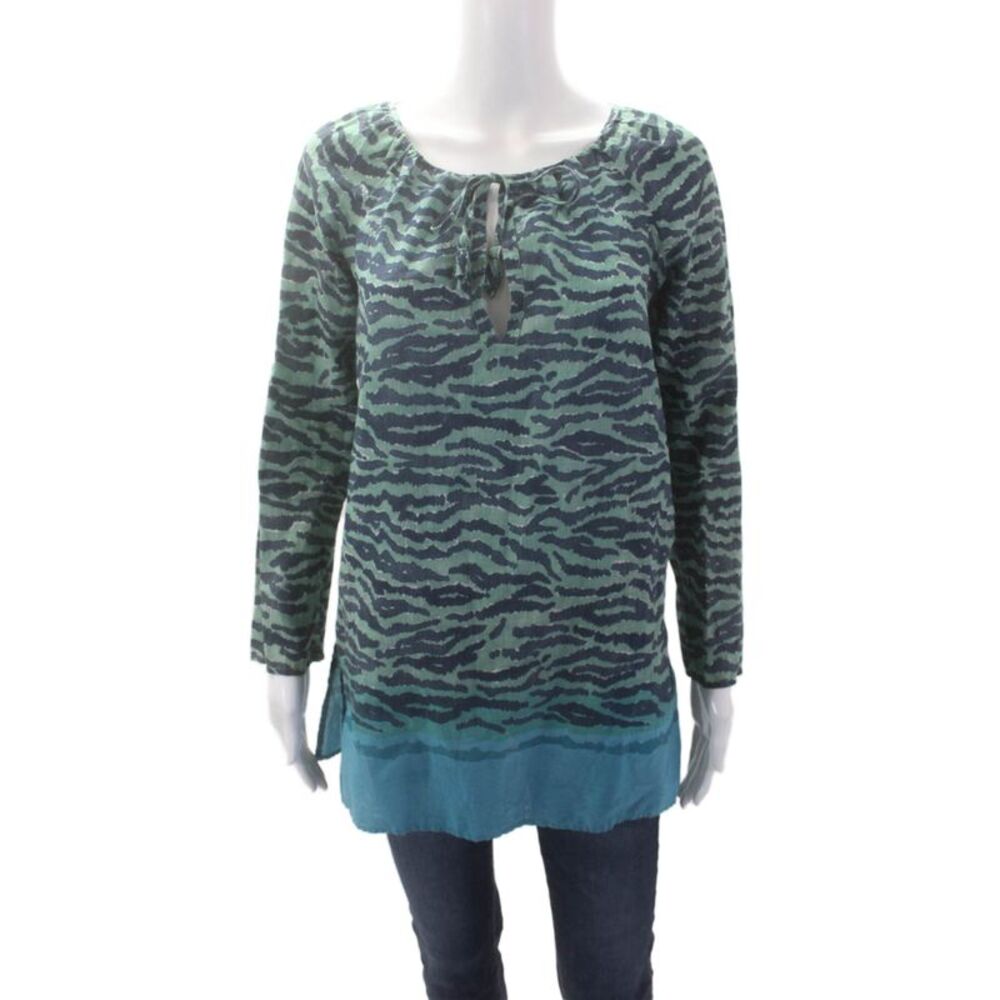 Calypso Womens Cotton Long Sleeve Animal Printed Blouse Blue Size XS